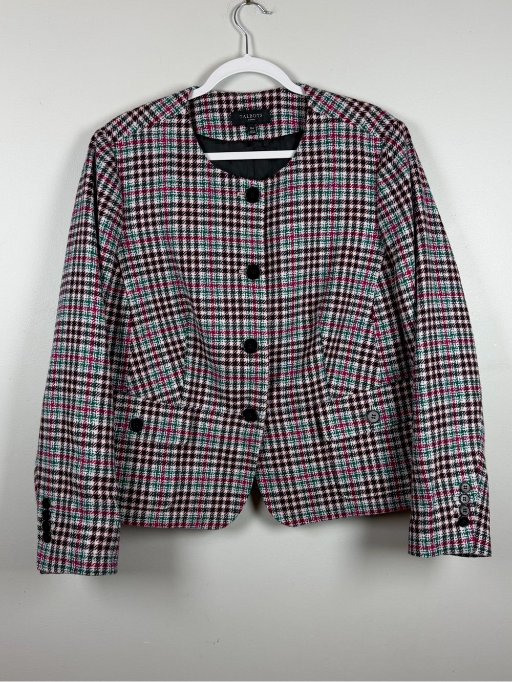Talbots Houndstooth Plaid Wool Collarless Work Blazer Fall Jacket Womens 16W